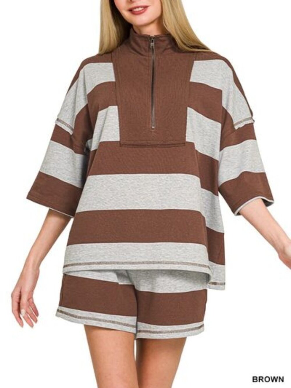 Zenana Frenchterry Striped Half Zip Top & Shorts Set